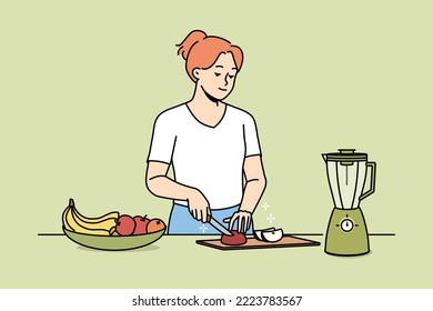 Happy young woman chopping fruits for smoothie. Smiling girl cut fresh fruit in kitchen follow healthy lifestyle. Vector illustration. 