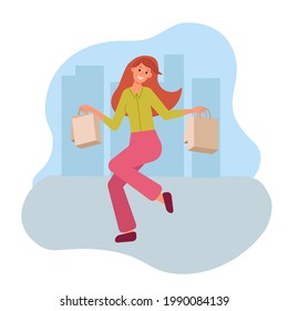 Happy young woman in city shopping. Girl smiles happily and jumps up with bags in her hands. Vector illustration in flat style about purchase.