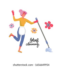 Happy young woman cleaning and dancing with mop. Spring cleaning concept with flowers on white background. Vector cartoon illustration.