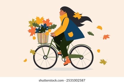 Happy young woman in a coat rides a bicycle with a basket of autumn maple leaves. Vector.