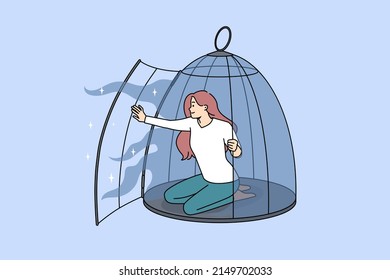 Happy young woman come out of cage recover from depression or mental issue. Smiling girl free from birdcage take new opportunities. Freedom and rehabilitation. Vector illustration. 