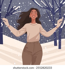 Happy young woman in comfortable winter clothes catches falling snowflakes. Cartoon illustration, vector.
