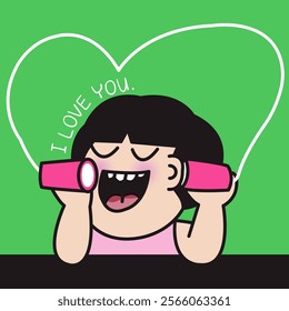 Happy Young Woman Communicating With Herself Through Paper Cups Phone Concept Card Character illustration