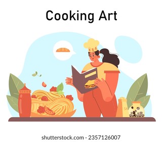 Happy young woman cooking at kitchen table. Woman preparing food following recipe. Slow lifestyle approach. Creative hobby and weekend leisure. Flat vector illustration