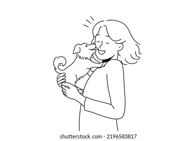 Happy young woman with cute dog in hands. Funny puppy lick smiling female owner show love and affection. Domestic animals. Vector illustration. 