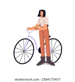 Happy young woman cycling. Active girl standing near bike, hold bicycle for handles while summer walk. Bicyclist, cyclist does sport at ride. Flat isolated vector illustration on white background