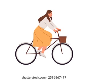 Happy young woman cyclist rides on Amsterdam bike with basket. Bicyclist drives classical lady or dutch bicycle. Cute girl in long skirt cycling. Flat isolated vector illustration on white background