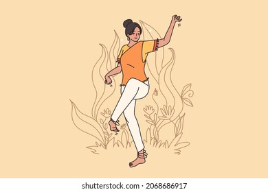 Happy young woman dancer in Indian clothes enjoy traditional dance outdoor in nature. Smiling girl show folk oriental movement gestures. India culture concept. Cartoon character, vector illustration. 