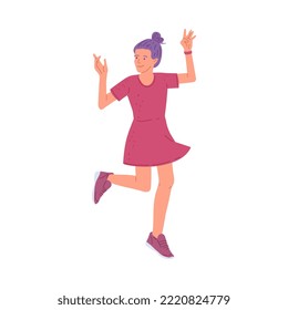 Happy young woman dancing, flat vector illustration isolated on white background. Smiling female character in dress is having fun. Concepts of party and celebration.
