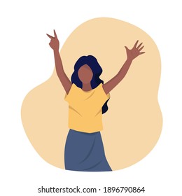 Happy young woman with dark skin and long dark hair with hands raised up.