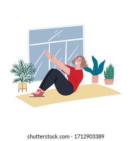 Happy young woman does sit-ups at home. Hobby and activity. Urban jungle house plants. Hand drawn cartoon flat concept illustration. 