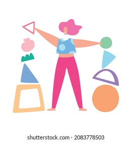 Happy young woman doing exercise with geometric shapes. Pilates, sports, workout, fitness, healthy lifestyle. Hand drawn vector illustration isolated on white background