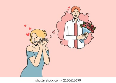 Happy young woman dreaming of beloved man coming on date with flowers. Smiling girl imagine boyfriend with floral bouquet on romantic meeting. Love and relationship. Vector illustration. 