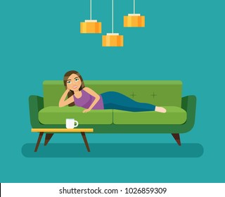 Happy young woman dreams  and lying on sofa isolated. Vector flat style illustration