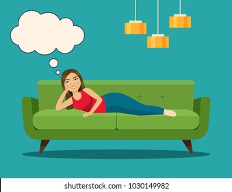 Happy young woman dreams and lying on sofa isolated. Vector flat style illustration