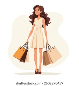A happy young woman in a dress holds a lot of packages in her hands. Shopping at the mall with big discounts on sale. Isolated vector illustration on a white background in a flat style