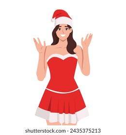 Happy young woman dressed as Santa Claus smiling. Flat vector illustration isolated on white background