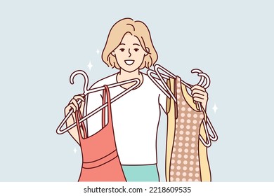 Happy young woman with dresses on hangers shopping in mall. Smiling girl buying fashion clothes in store. Style and consumerism. Vector illustration. 