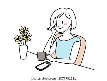 Happy young woman drinking coffee at coffee shop. Woman sitting alone at cafe and reading text message. Smiling woman sitting at cafe and reading e-book from phone. Cute woman sitting at cafe.