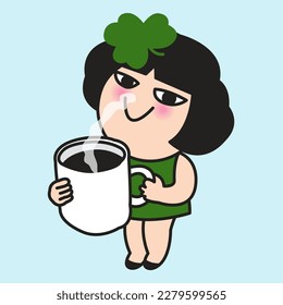 Happy Young Woman Drinking Coffee With The Shamrock Plant Ornament On Her Head. Saint Patrick’s Day Symbol Concept Card Character illustration