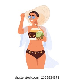 Happy young woman drinking fresh coconut water on beach. Beautiful girl in swimsuit, sunglasses and straw hat holding coco cocktail in her hands. Flat vector illustration isolated on white background