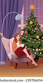 Happy young woman drinking hot coffee from a cup while sitting in a cozy armchair in a living room decorated for Christmas. Christmas Illustration. 