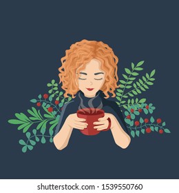 Happy young woman drinks tea from healing herbs on a background of plants and berries. Concept of natural treatment, herbal medicine, healthy lifestyle, homeopathy. Cute vector illustration on dark. 