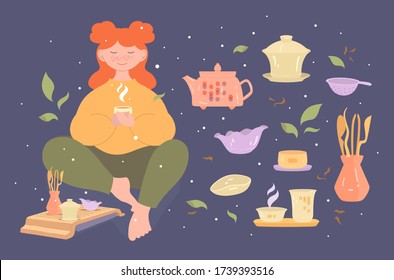 Happy young woman drinks tea for wellness sitting home. Chinese Gongfu tea ceremony, Isolated elements set. Selfcare tea therapy. China traditional utensil like Gaiwan, Chahai. Leisure and rest vector