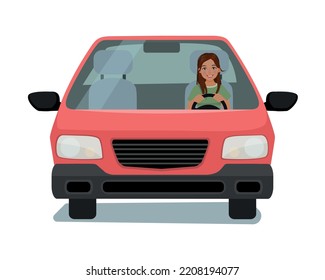 Happy young woman driving a car front view cartoon illustration design