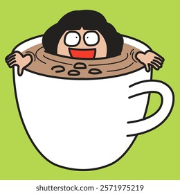 Happy Young Woman Dunking In A Cup Of Coffee Concept Cartoon Character illustration