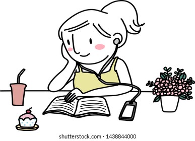 Happy young woman with earphones sitting at cafe and reading book. Cheerful woman sitting at cafe and reading book. Cute young woman listening to music on earphones while reading book.