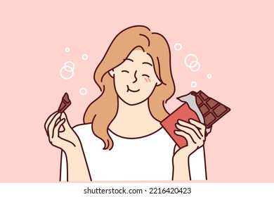 Happy young woman eating chocolate. Smiling girl feel joyful enjoy sweet bar or sugar dessert. Vector illustration. 