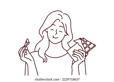 Happy young woman eating chocolate. Smiling girl feel joyful enjoy sweet bar or sugar dessert. Vector illustration. 