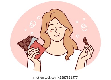 Happy young woman eating chocolate. Smiling girl feel joyful enjoy sweet bar or sugar dessert. Vector illustration.