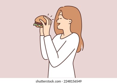 Happy young woman eating delicious hamburger. Smiling female enjoy tasty burger. Food and nutrition. Vector illustration. 