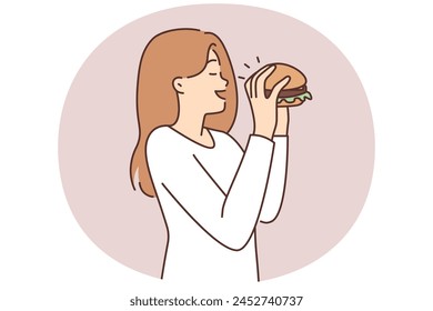 Happy young woman eating delicious hamburger. Smiling female enjoy tasty burger. Food and nutrition. Vector illustration.
