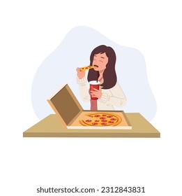 happy young woman eating pizza from box and holding a glass of soft drink in other hand at home on table. Fast food, junk food. Flat vector cartoon illustration

