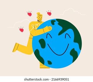 Happy young woman embrace globe think of ecological and environment safety. Colorful vector illustration 
