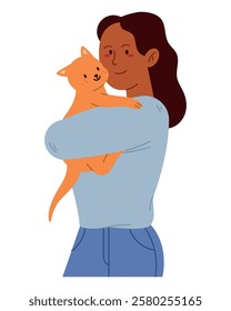 Happy young woman embracing her cute dog with affection