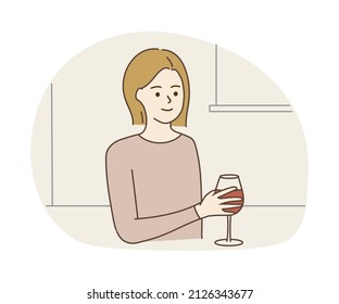 Happy Young woman enjoy glass of red wine alcohol. Relaxed lifestyle, holiday celebration, Leisure concept. Hand drawn style cartoon character vector illustrations.