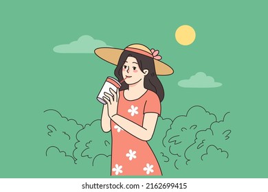 Happy young woman enjoy summer drink cold refreshing drink walking in park. Smiling girl in summertime wear having hydrating cooling juice or cocktail. Refreshment. Vector illustration. 