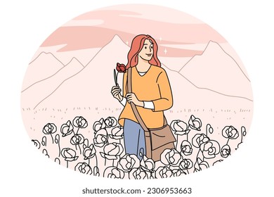 Happy young woman enjoying outdoor nature landscapes. Smiling millennial girl walking on meadow collecting flowers. Flat vector illustration, cartoon character.