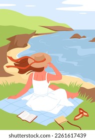 Happy young woman enjoying summer beach and nature vector illustration. Cartoon girl in dress and hat sitting with back alone, watching landscape with peaceful and calm sea, morning sky with clouds