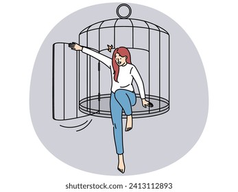 Happy young woman escape cage achieve freedom. Smiling girl quit imprisonment start new free life. Liberty and freelance. Vector illustration.