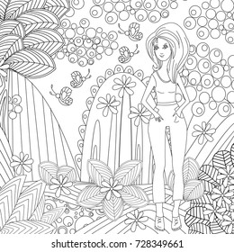 happy young woman in fantasy forest for coloring book