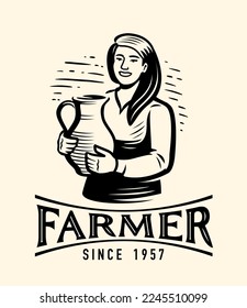 Happy young woman farmer or milkmaid with jug of fresh milk. Dairy, farm food and drink emblem. Vector illustration