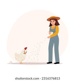 Happy young woman feeding a hen and the baby chick. 
