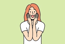 Happy Young Woman Feel Excited With Good Unbelievable News. Smiling Girl Surprised With Unexpected Message Or Notification. Vector Illustration. 