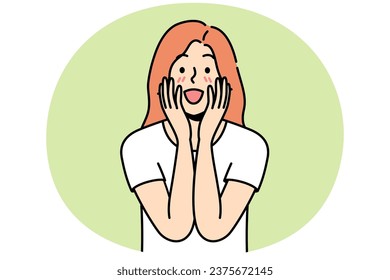 Happy young woman feel excited with good unbelievable news. Smiling girl surprised with unexpected message or notification. Vector illustration.