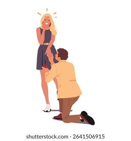 Happy young woman feeling shy and surprised getting marriage proposal from her boyfriend lover isolated on white background. Heterosexual couple romantic dating and engagement vector illustration